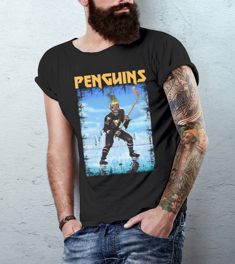 Penguins Hockey Skeleton With Flaming Skull And Hockey Stick In Pittsburgh Skyline T-Shirt