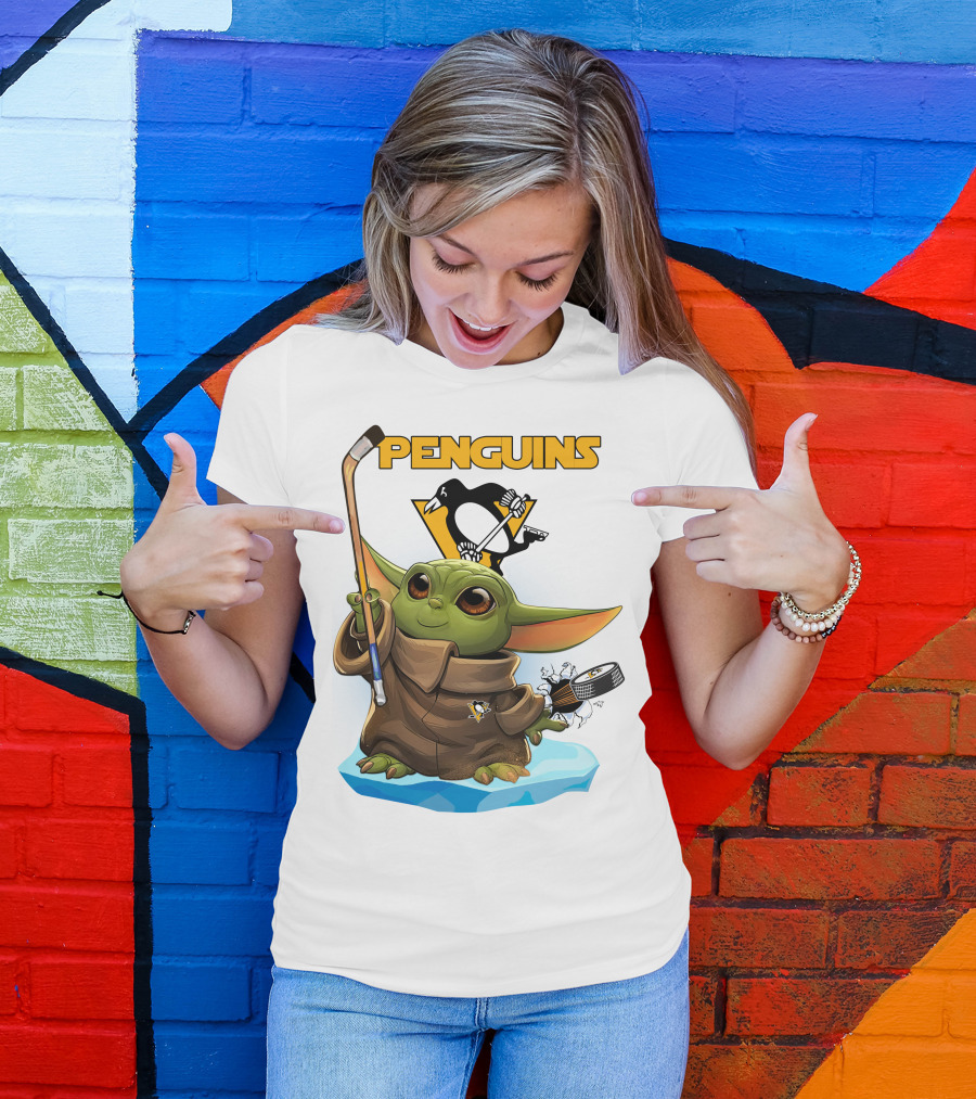 Baby Yoda Holding Hockey Stick With Pittsburgh Penguins T-Shirt