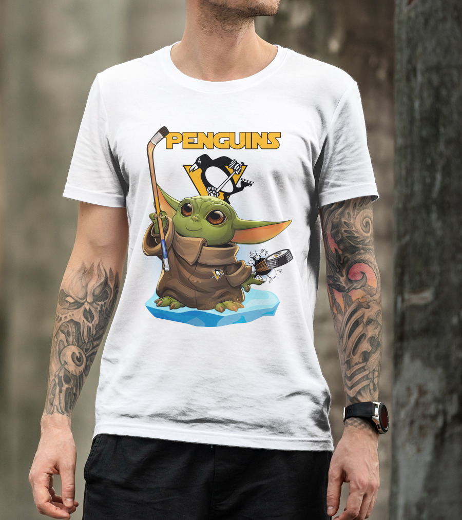 Baby Yoda Holding Hockey Stick With Pittsburgh Penguins T-Shirt