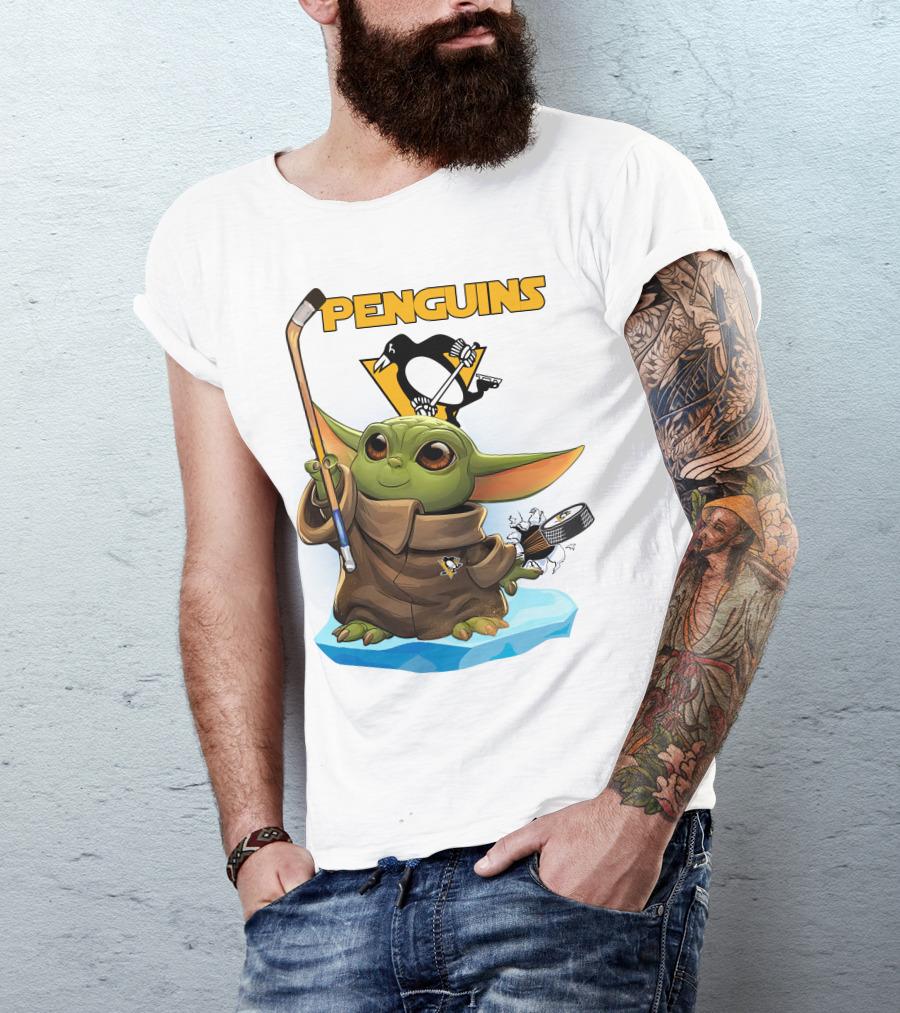 Baby Yoda Holding Hockey Stick With Pittsburgh Penguins T-Shirt