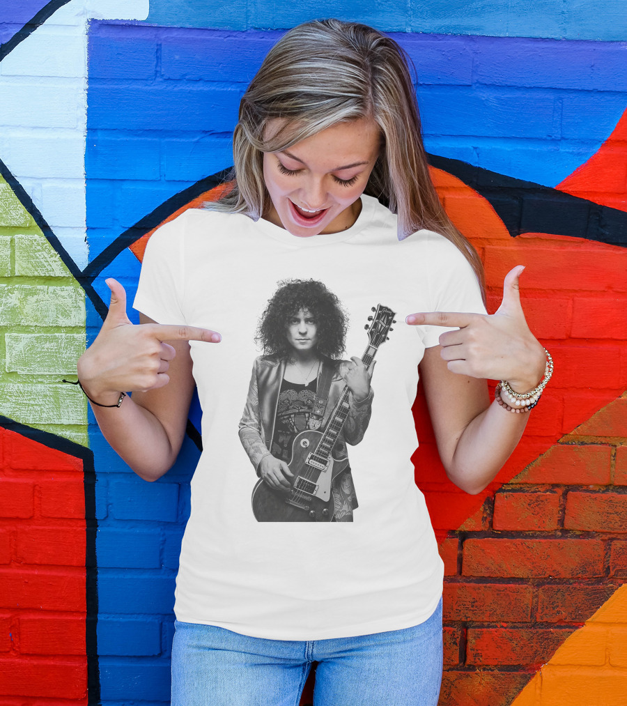 Marc Bolan With Gibson Les Paul Guitar Iconic Black And White T-Shirt