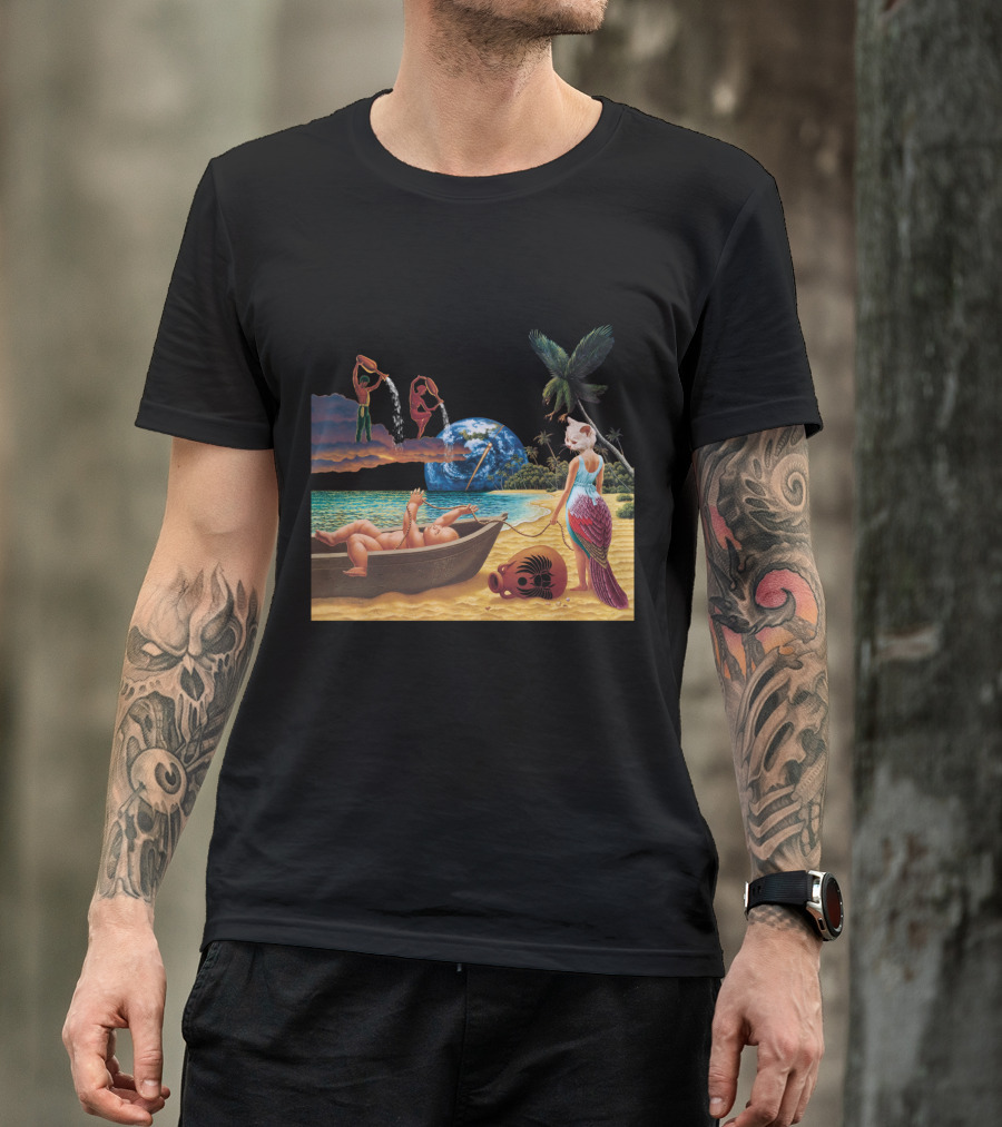 Cosmic Beach Scene With Mermaid And Planet Earth T-Shirt