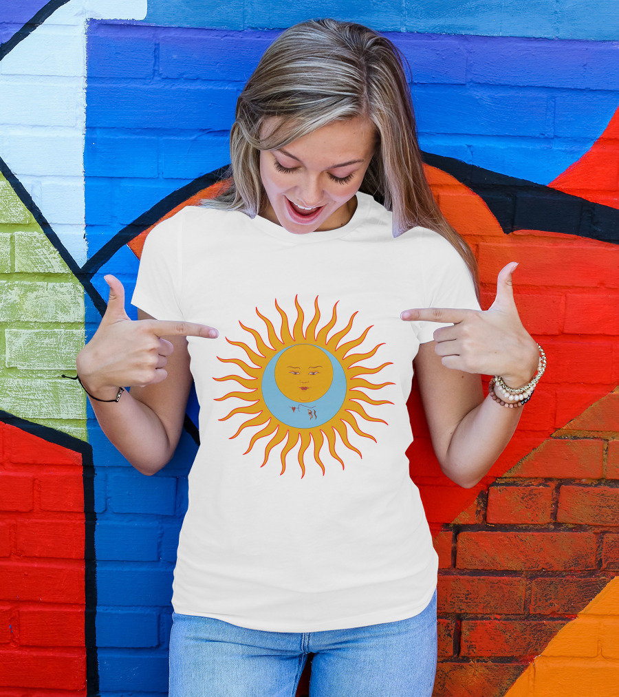 Crimson Red Sun Face Icon On Blue And Orange T-Shirt
