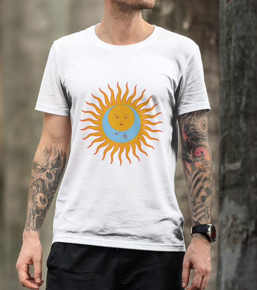 Crimson Red Sun Face Icon On Blue And Orange T-Shirt