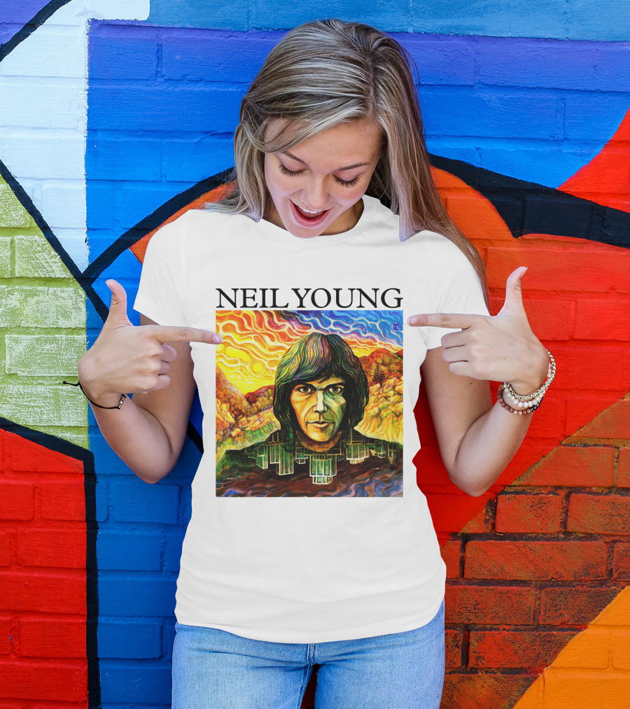 Neil Young Vibrant Portrait And Cityscape Fusion T-Shirt