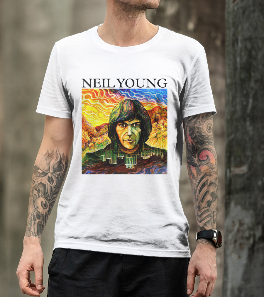 Neil Young Vibrant Portrait And Cityscape Fusion T-Shirt