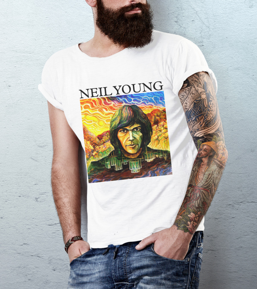 Neil Young Vibrant Portrait And Cityscape Fusion T-Shirt