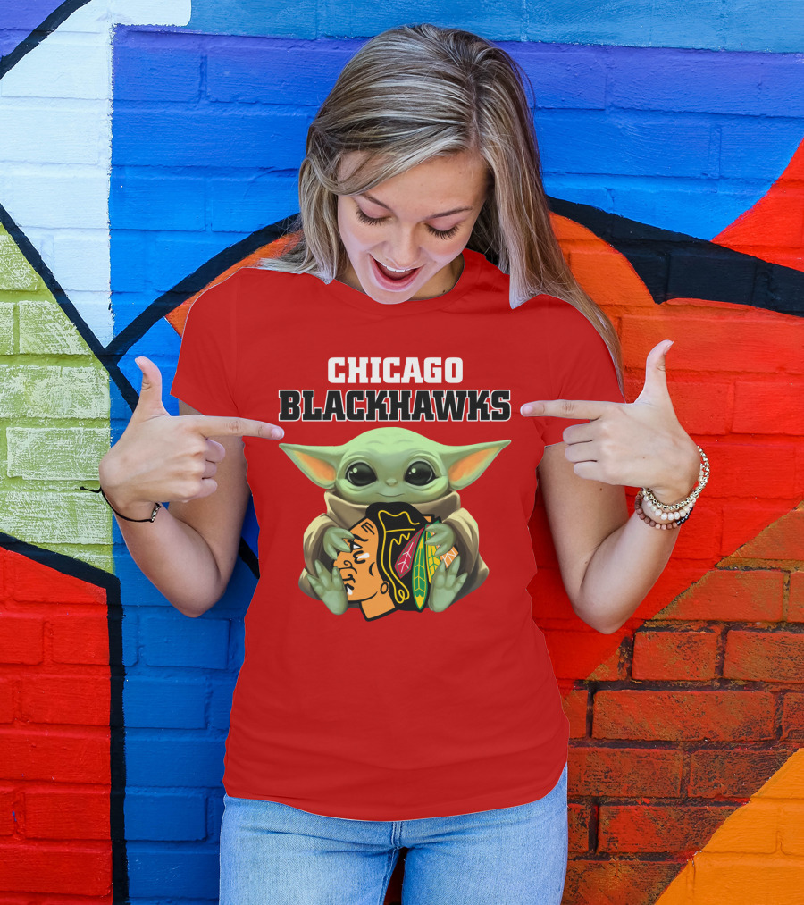 Chicago Blackhawks Baby Yoda Hugging Team T-Shirt