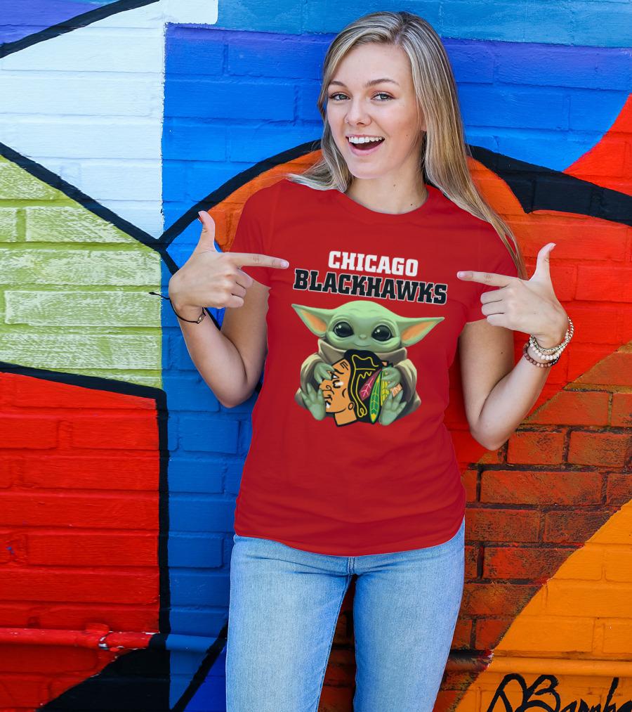 Chicago Blackhawks Baby Yoda Hugging Team T-Shirt