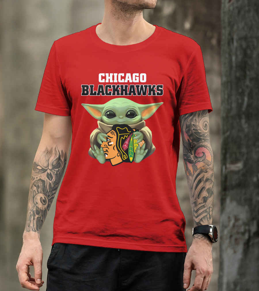 Chicago Blackhawks Baby Yoda Hugging Team T-Shirt
