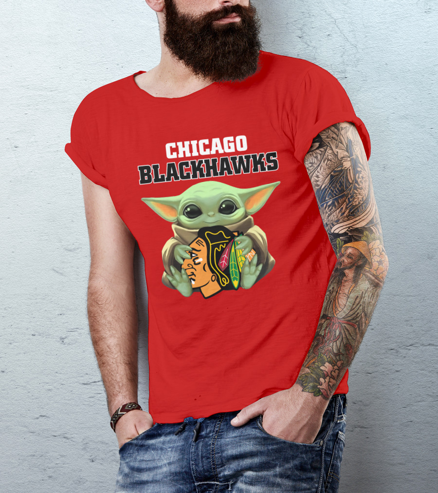 Chicago Blackhawks Baby Yoda Hugging Team T-Shirt