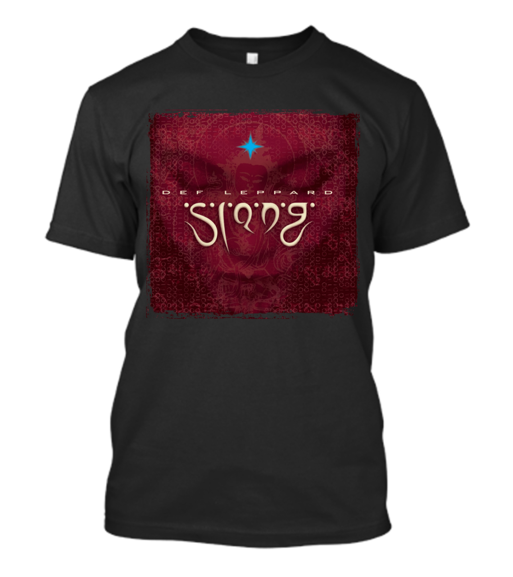 Def Leppard Slang Album Cover With Blue Star And Red Patterned Background T-Shirt