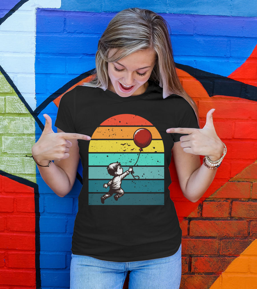 Childhood Nostalgia Boy With Balloon Rainbow Stripes T-Shirt