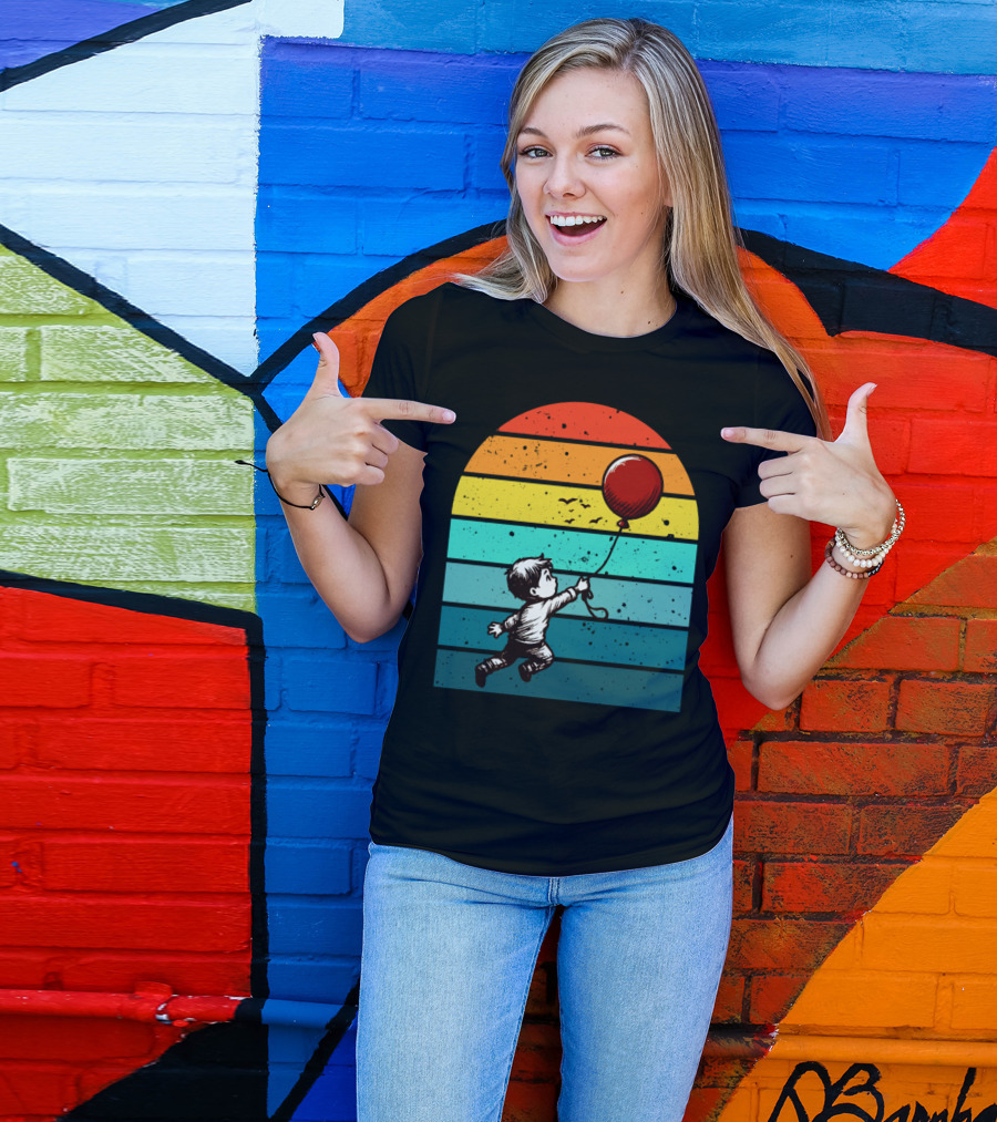 Childhood Nostalgia Boy With Balloon Rainbow Stripes T-Shirt
