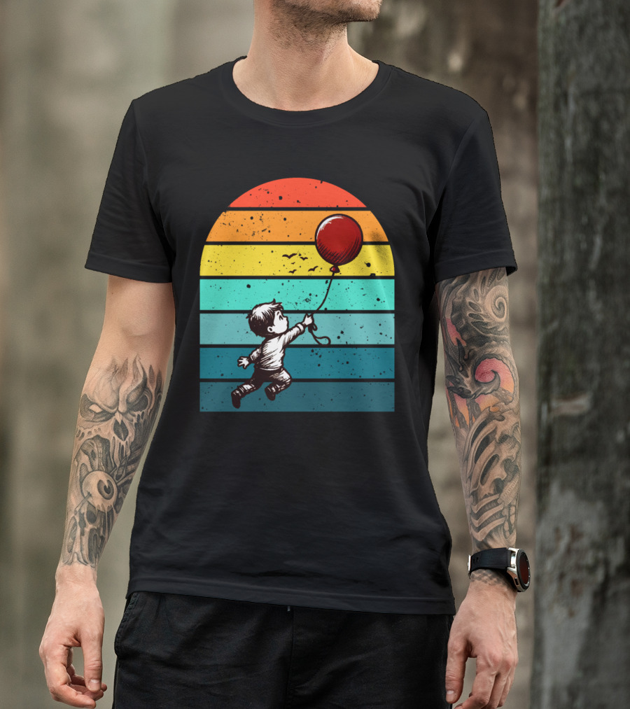 Childhood Nostalgia Boy With Balloon Rainbow Stripes T-Shirt