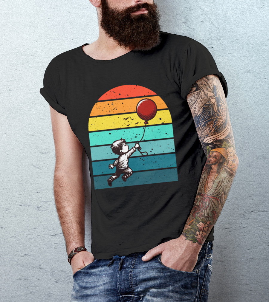 Childhood Nostalgia Boy With Balloon Rainbow Stripes T-Shirt