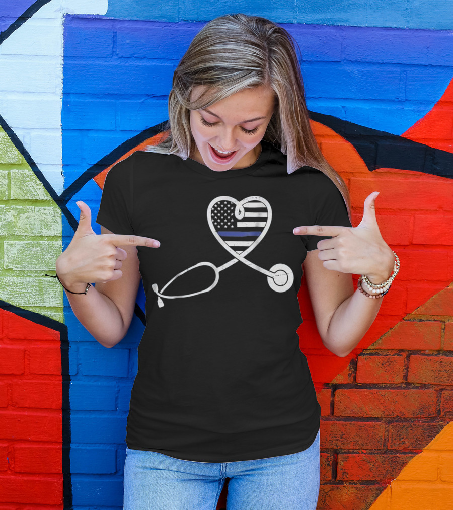 Thin Blue Line Nurse Wife Police Officer Heart Support Love T-Shirt