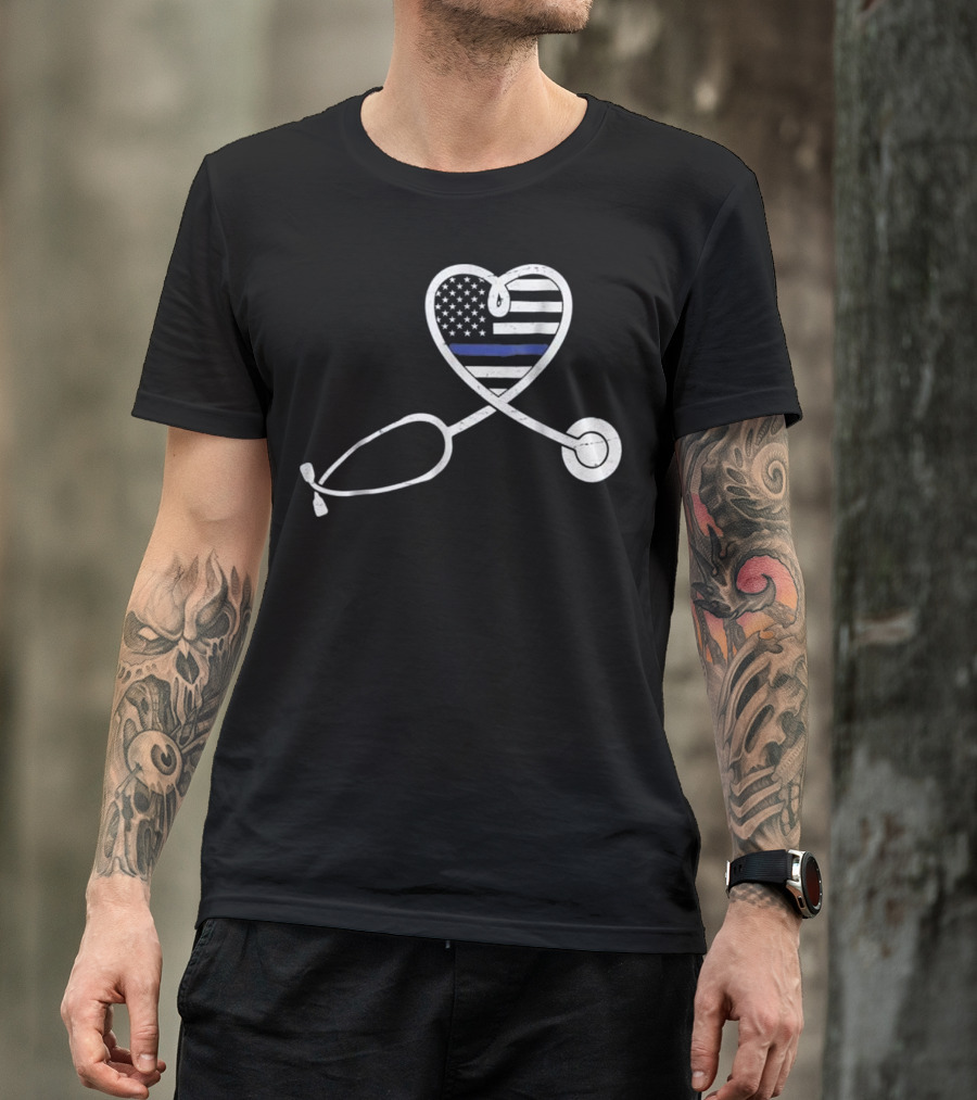 Thin Blue Line Nurse Wife Police Officer Heart Support Love T-Shirt
