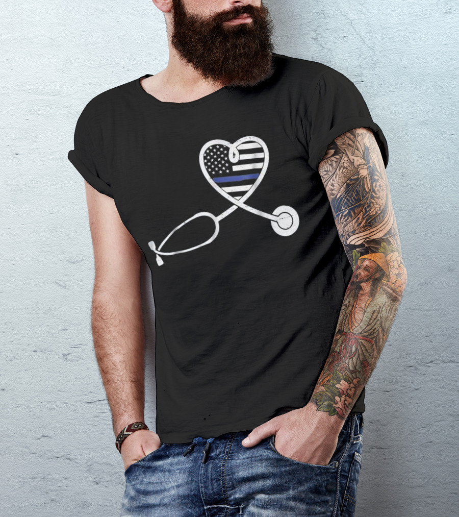Thin Blue Line Nurse Wife Police Officer Heart Support Love T-Shirt