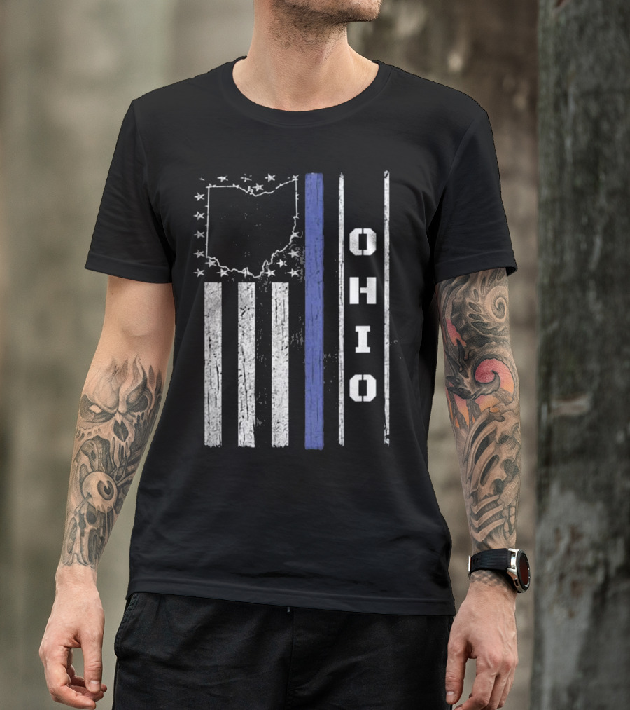 Ohio Thin Blue Line Flag With State Outline And Stars T-Shirt