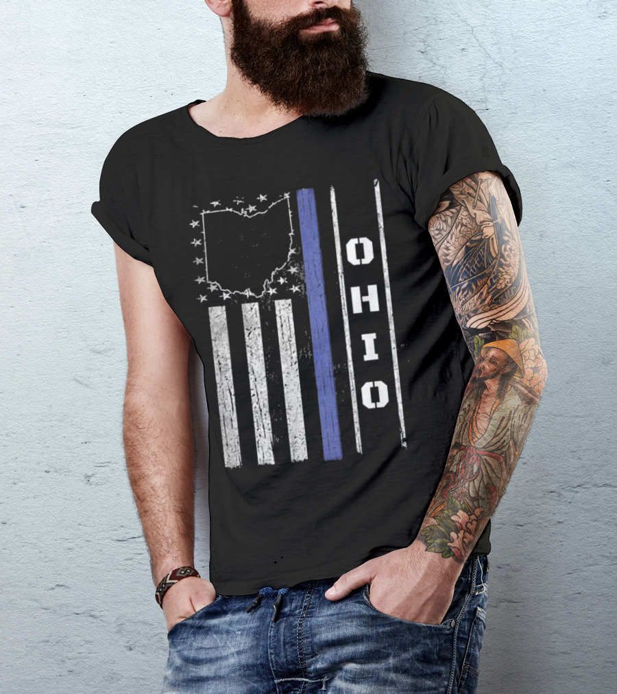 Ohio Thin Blue Line Flag With State Outline And Stars T-Shirt