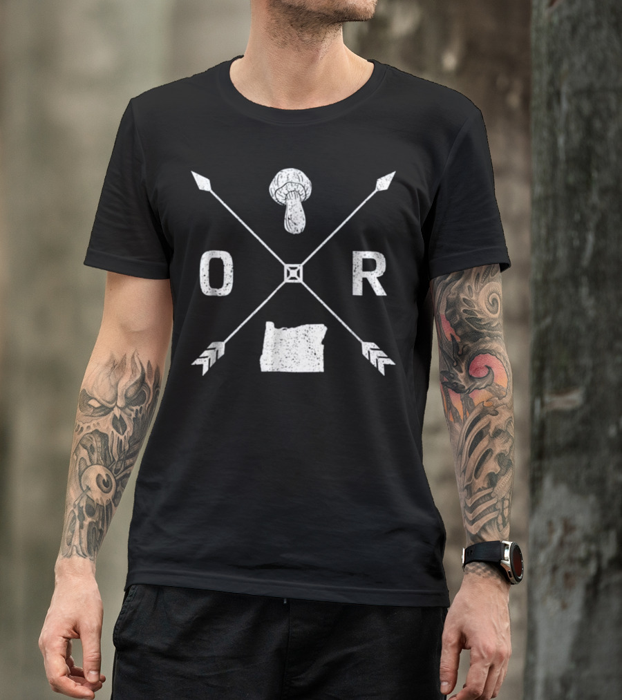 Oregon Morel Mushroom Hunting Graphic Map And Arrow X T-Shirt