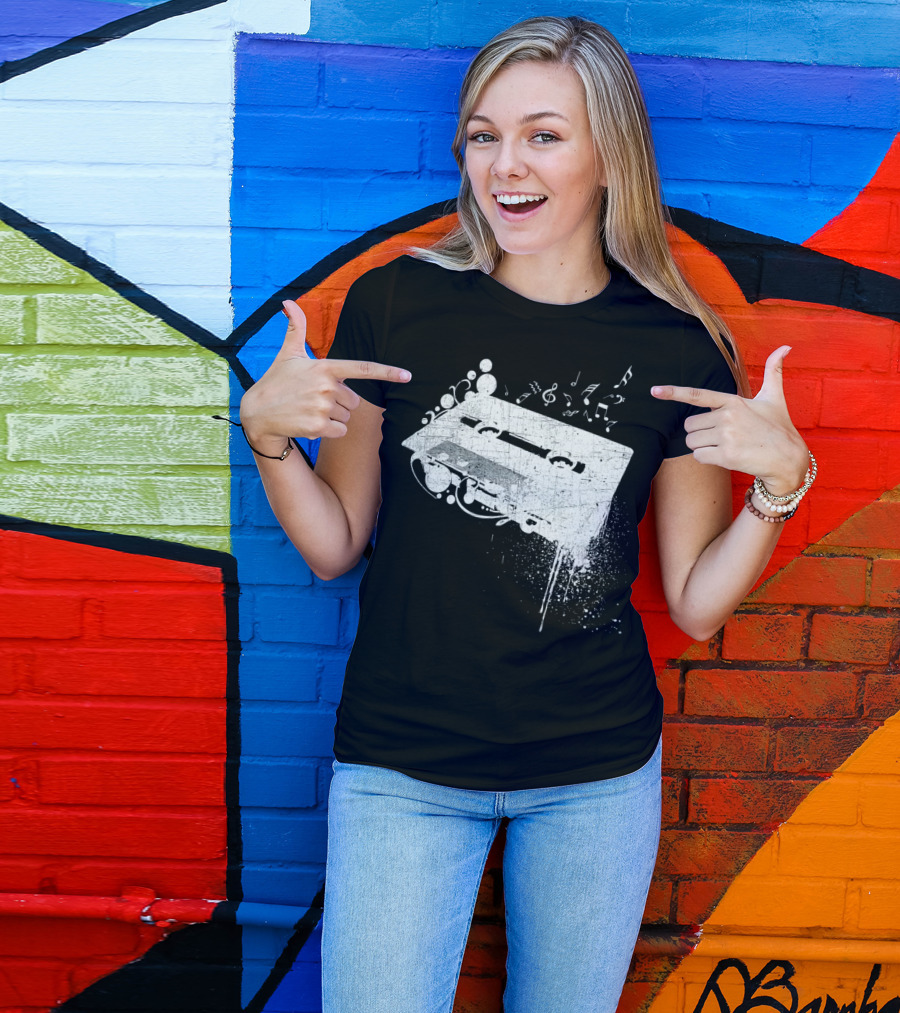 Old School 80s Cassette Tape With Musical Notes Grunge Hip Hop T-Shirt