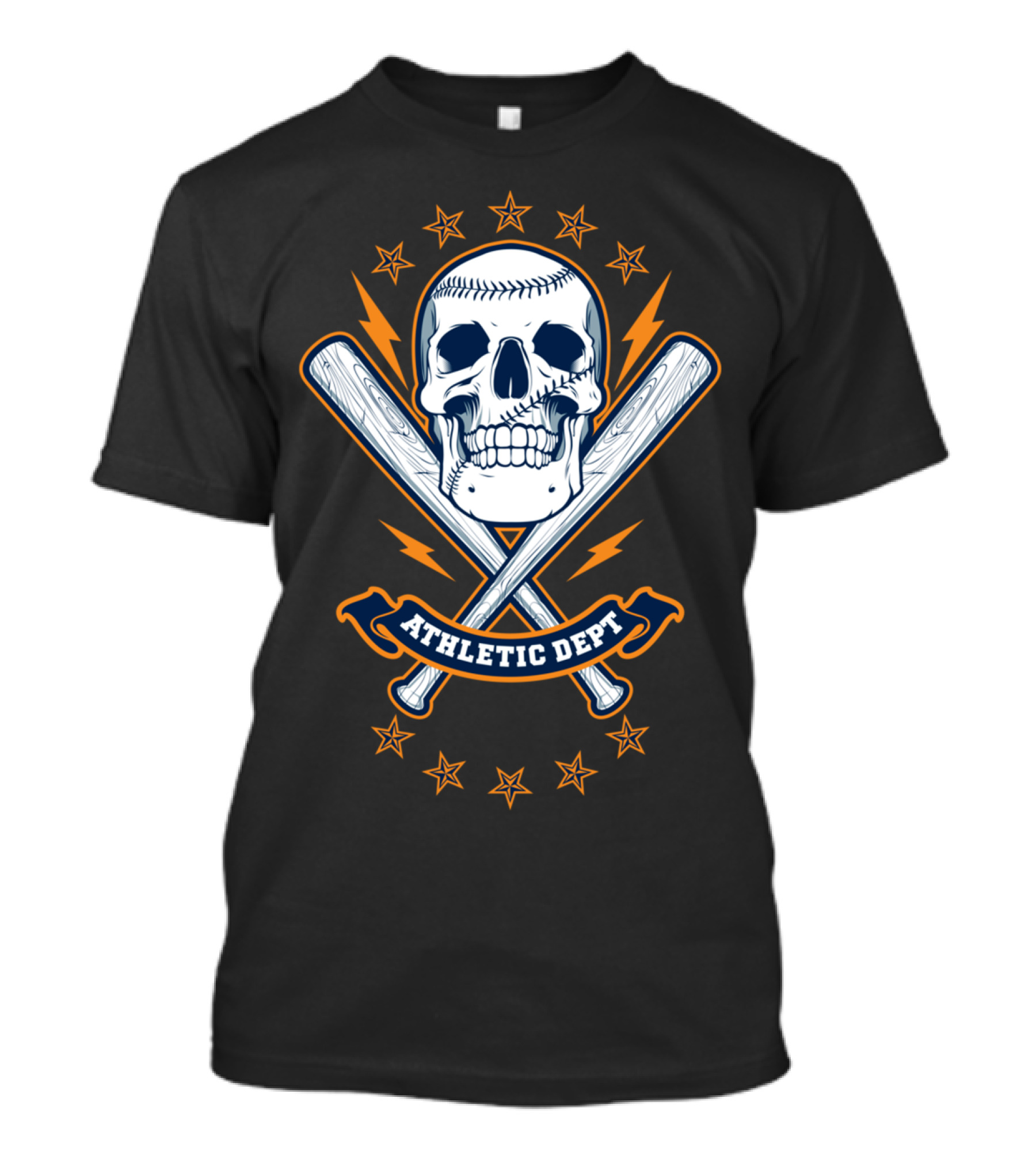 Athletic Dept Skull And Crossed Baseball Bats With Stars And Lightning Bolts T-Shirt
