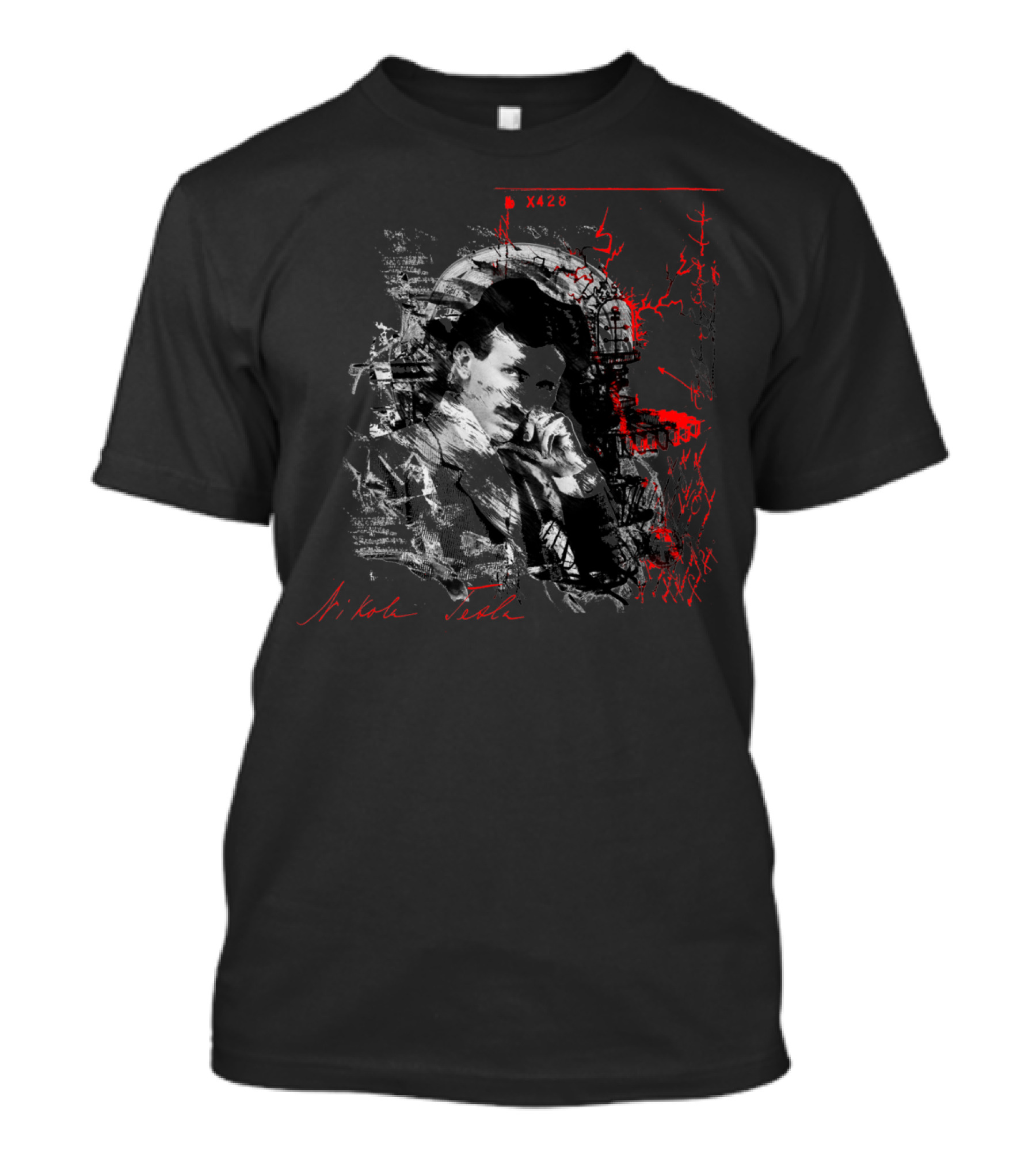 Nikola Tesla X428 Portrait With Abstract Red And Black Elements T-Shirt