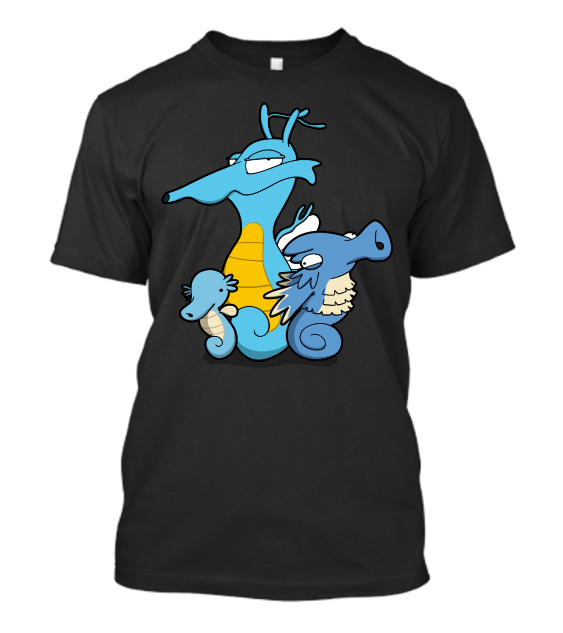 Seahorseysr Cartoon Style Seahorse Trio With Blue And Yellow Characters T-Shirt