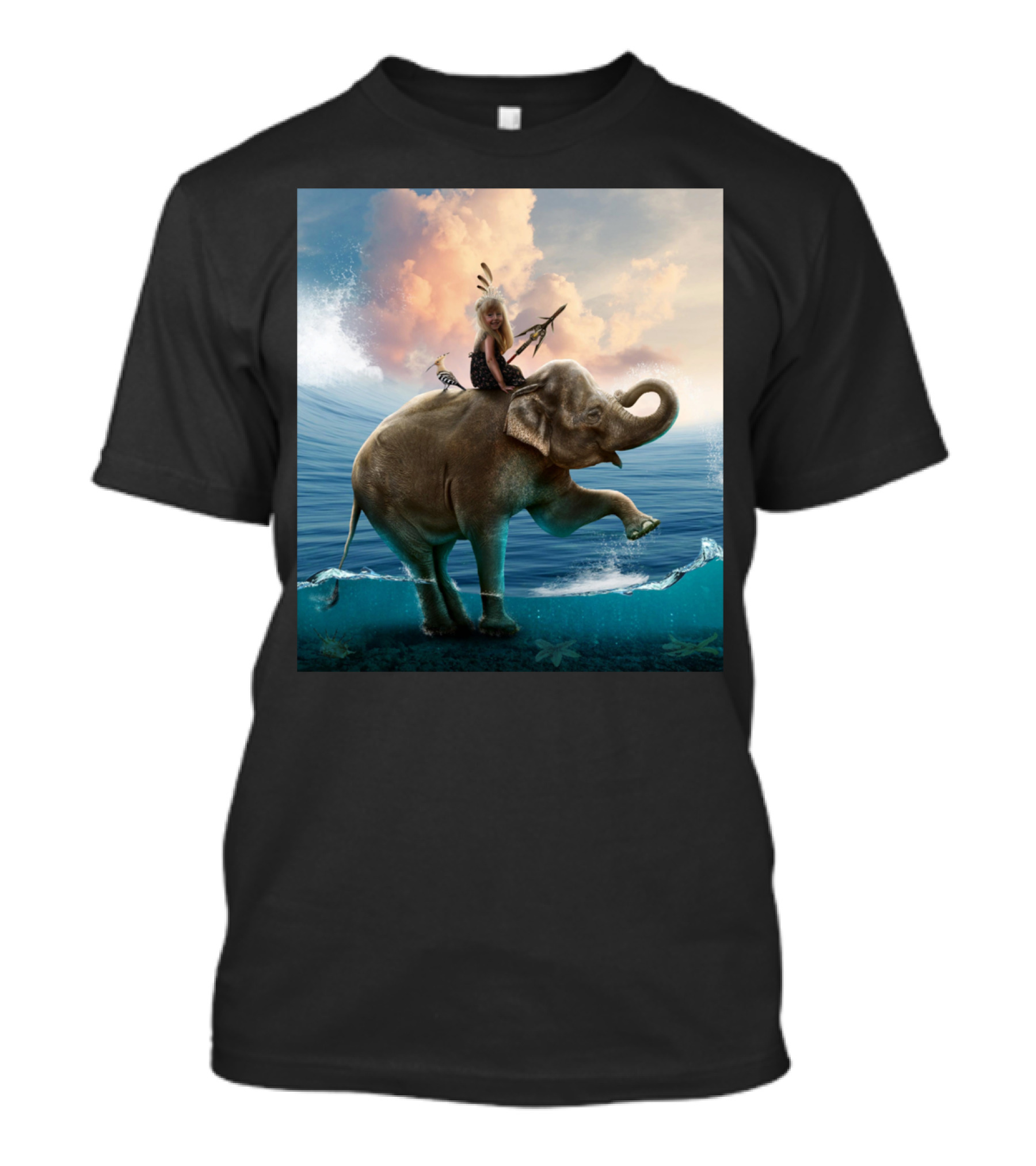 Child With Feathers Riding Elephant In Ocean Waves T-Shirt