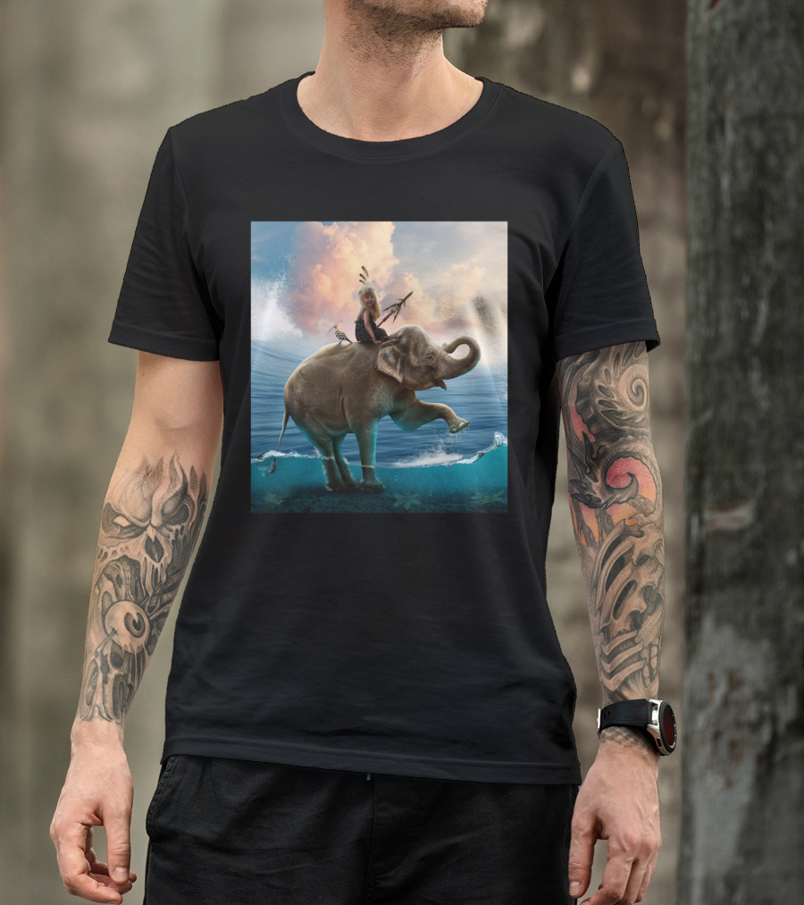 Child With Feathers Riding Elephant In Ocean Waves T-Shirt