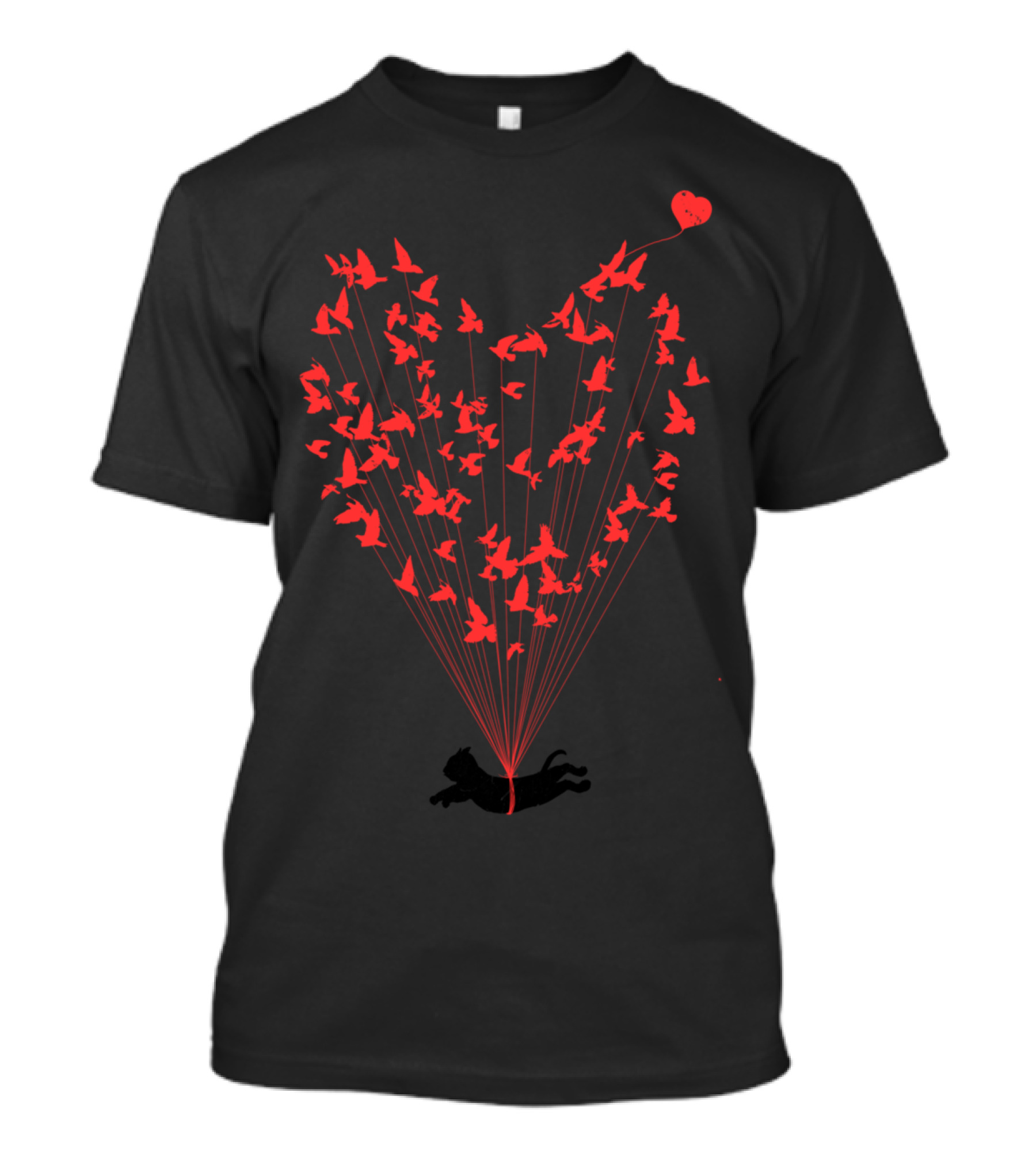 Flying Cat Carried By Red Birds In Heart Shape Balloon T-Shirt