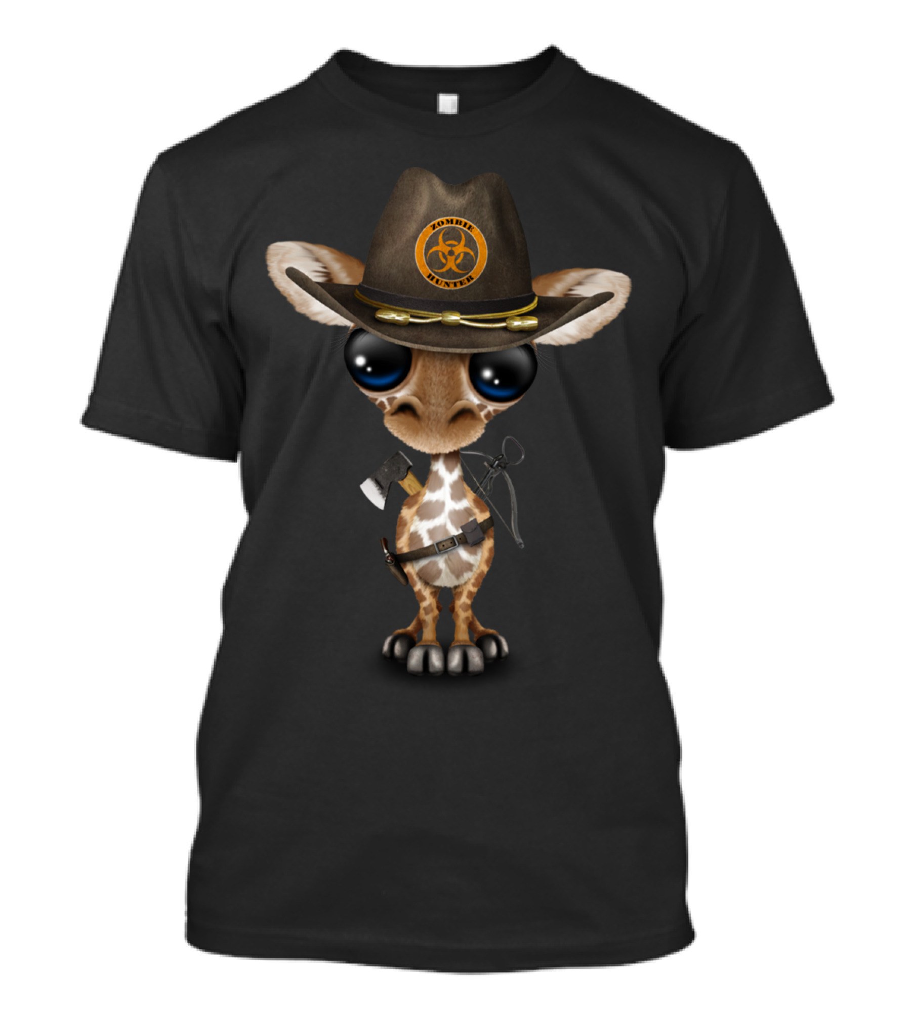 Baby Giraffe Zombie Hunter Hat Biohazard Symbol Axe Belt T-Shirt