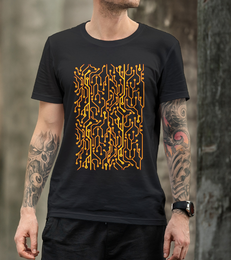 Circuit Board Pattern Yellow And Black T-Shirt