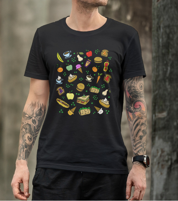 Food Glorious Food Colorful Icons Of Fruits Sandwiches Ice Cream Cups T-Shirt