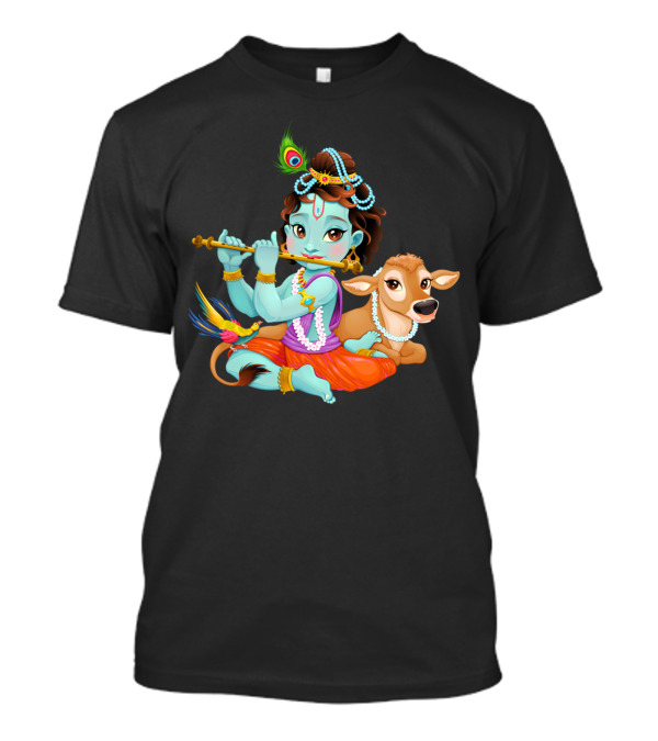 Baby Krishna With Sacred Cow Flute And Peacock Feather T-Shirt