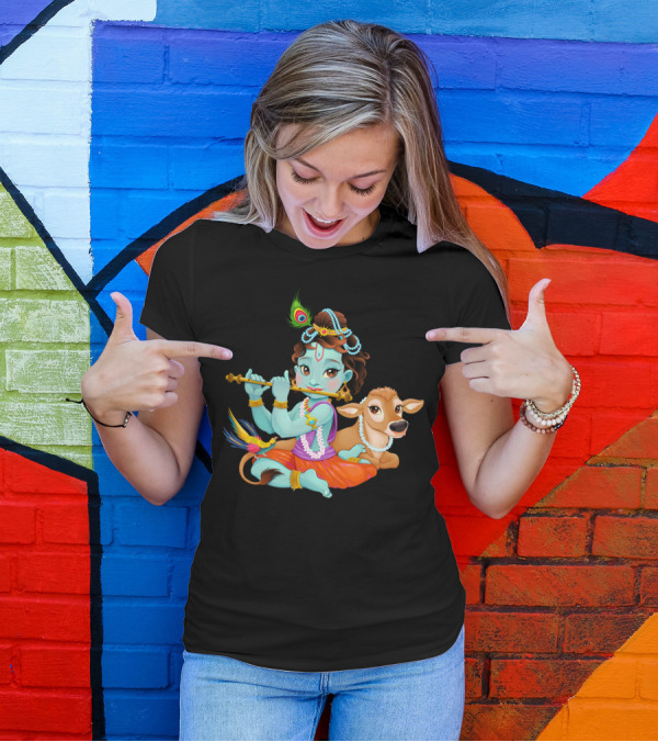 Baby Krishna With Sacred Cow Flute And Peacock Feather T-Shirt