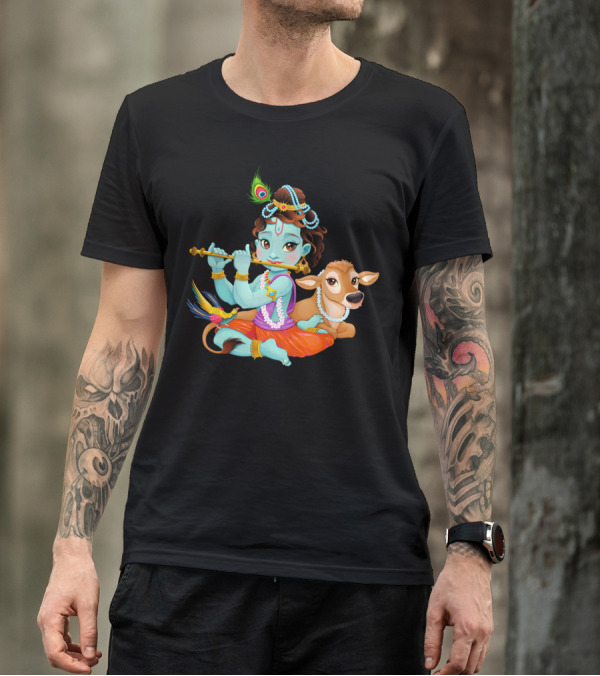 Baby Krishna With Sacred Cow Flute And Peacock Feather T-Shirt