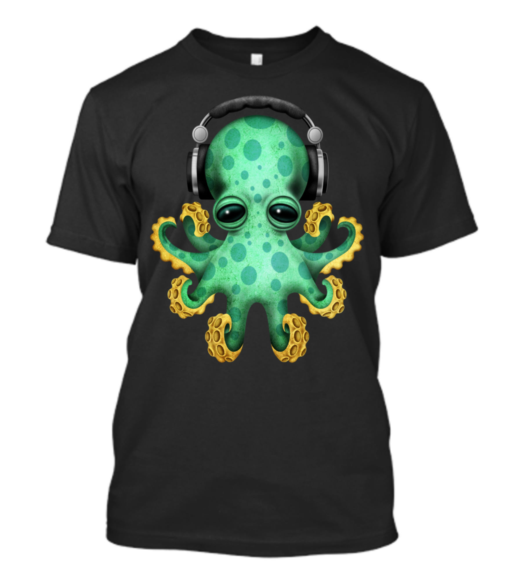 Baby Octopus DJ Wearing Headphones With Green And Yellow Tentacles T-Shirt