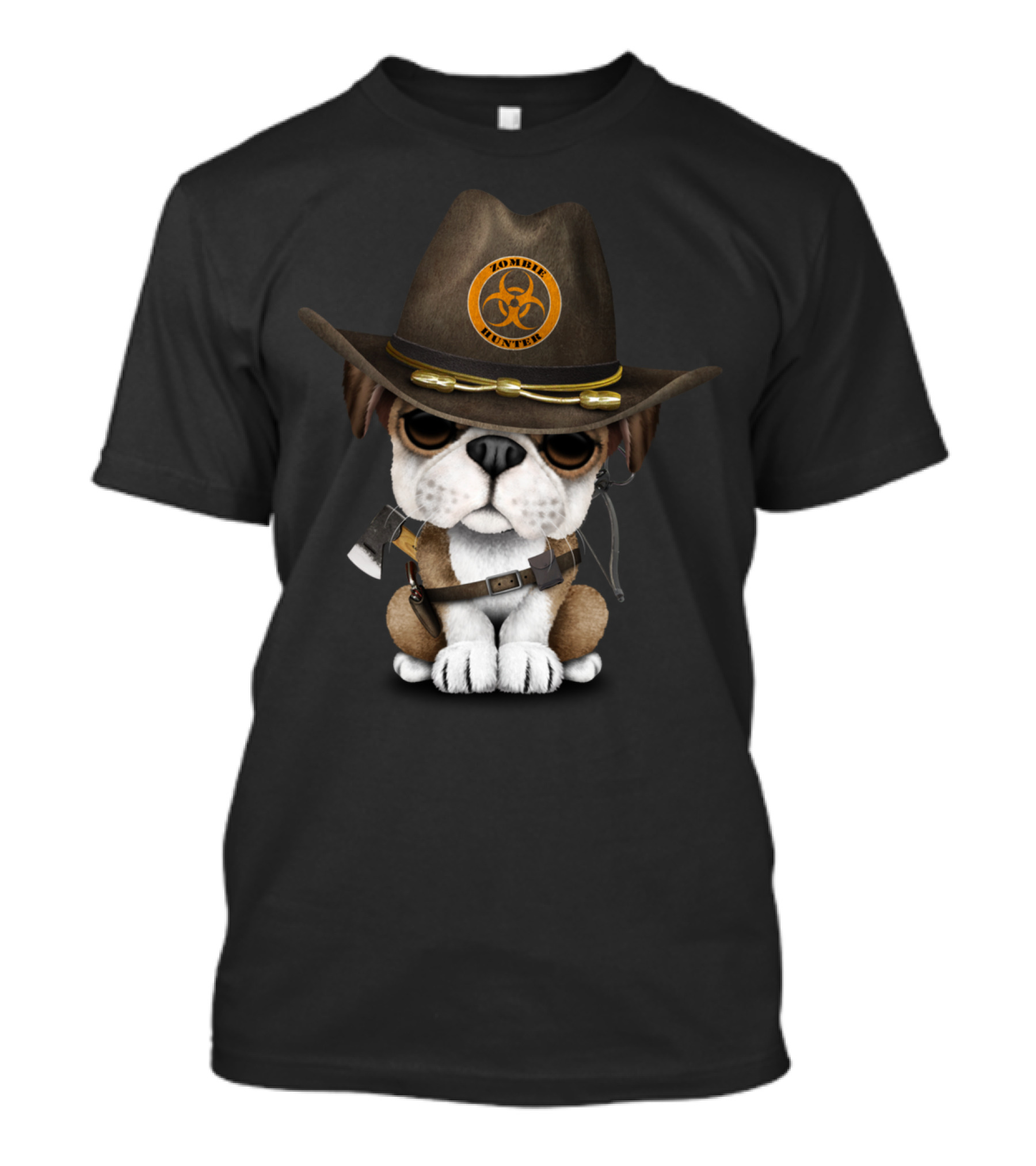 Cute Bulldog Puppy Zombie Hunter Biohazard Hat And Weapons T-Shirt