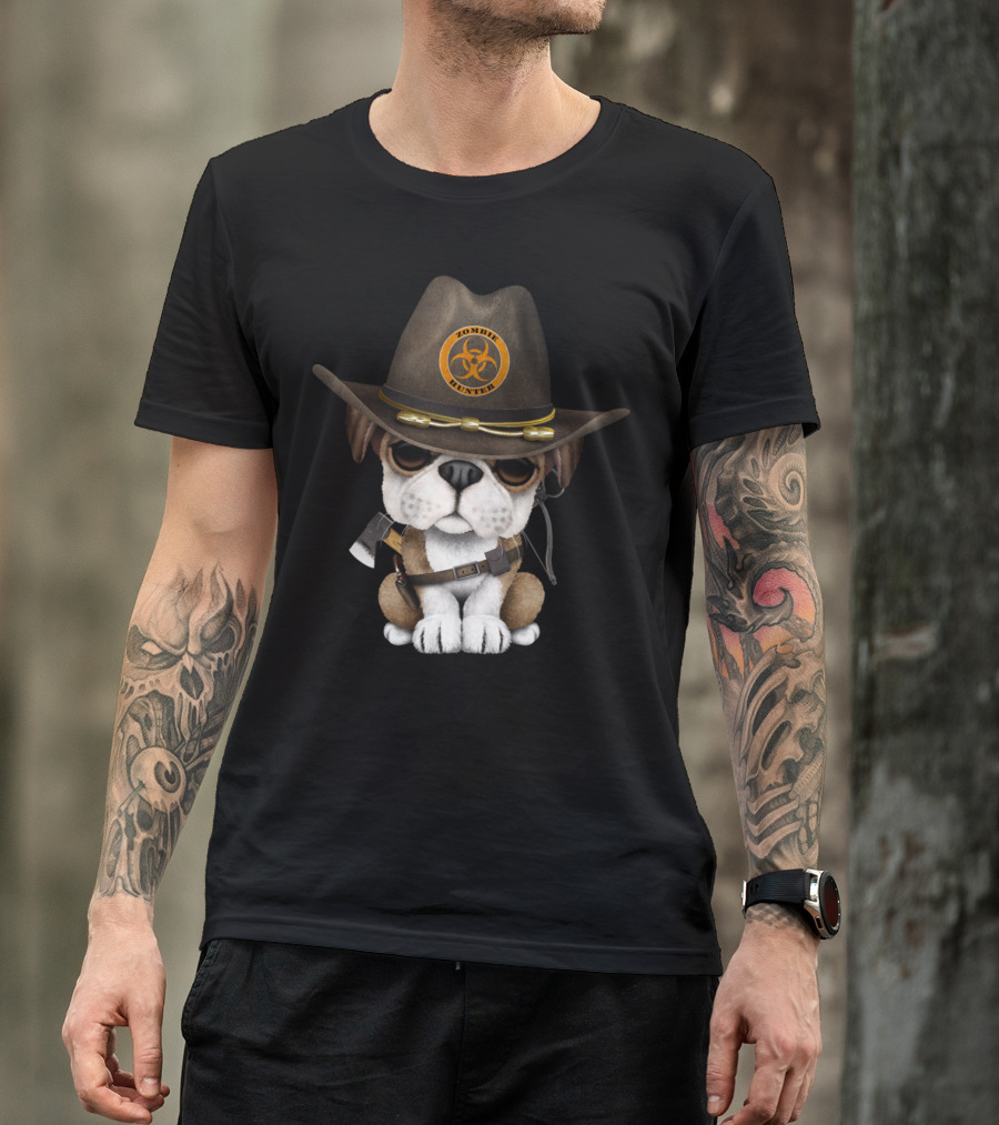 Cute Bulldog Puppy Zombie Hunter Biohazard Hat And Weapons T-Shirt
