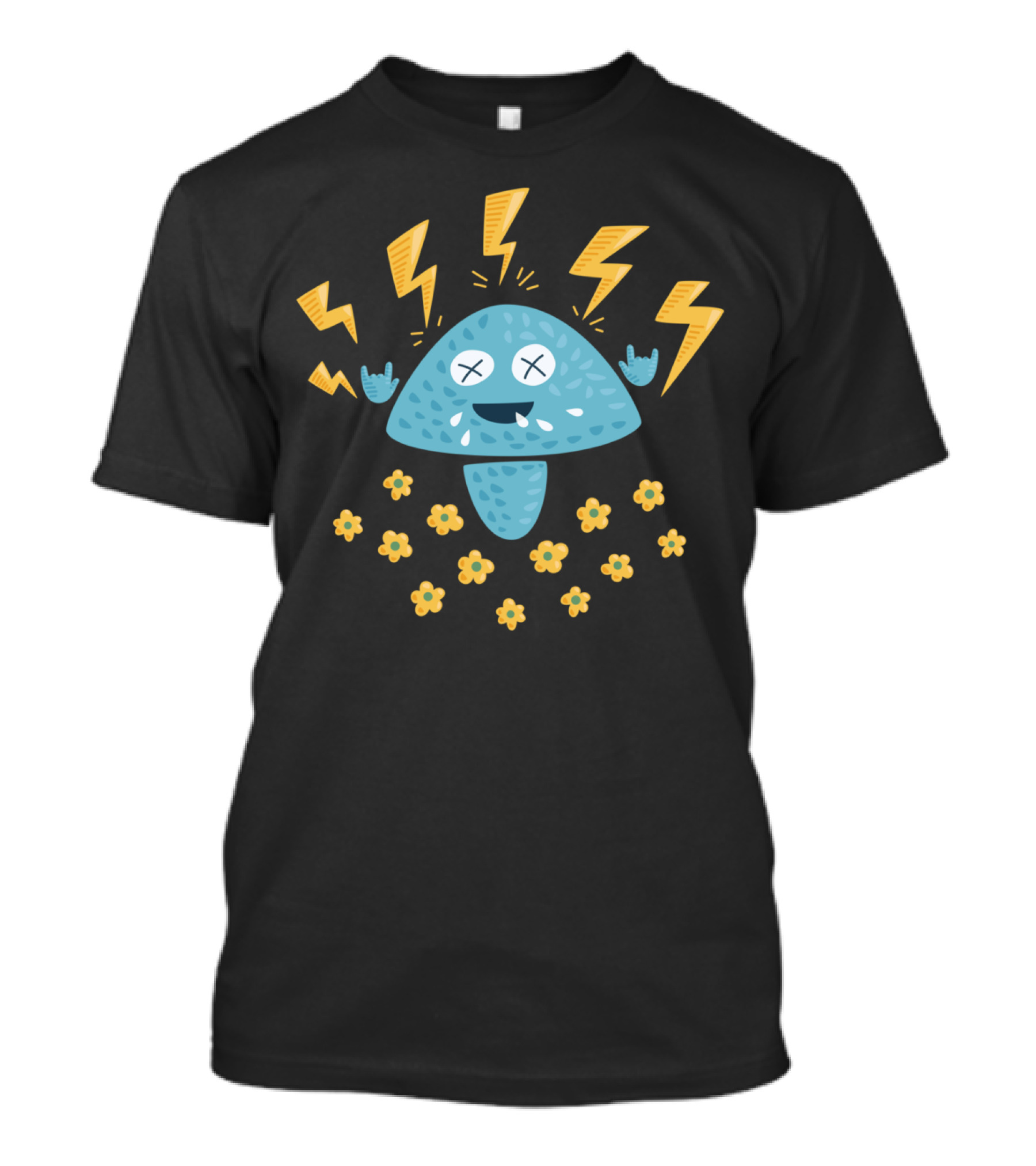 Heavy Metal Music Mushroom Rocking With Lightning And Flowers T-Shirt