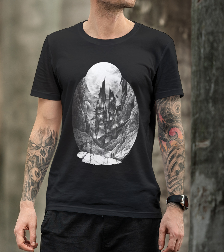 City In The Far Future: Futuristic Skyline With Towering Structures And Rocky Landscape T-Shirt