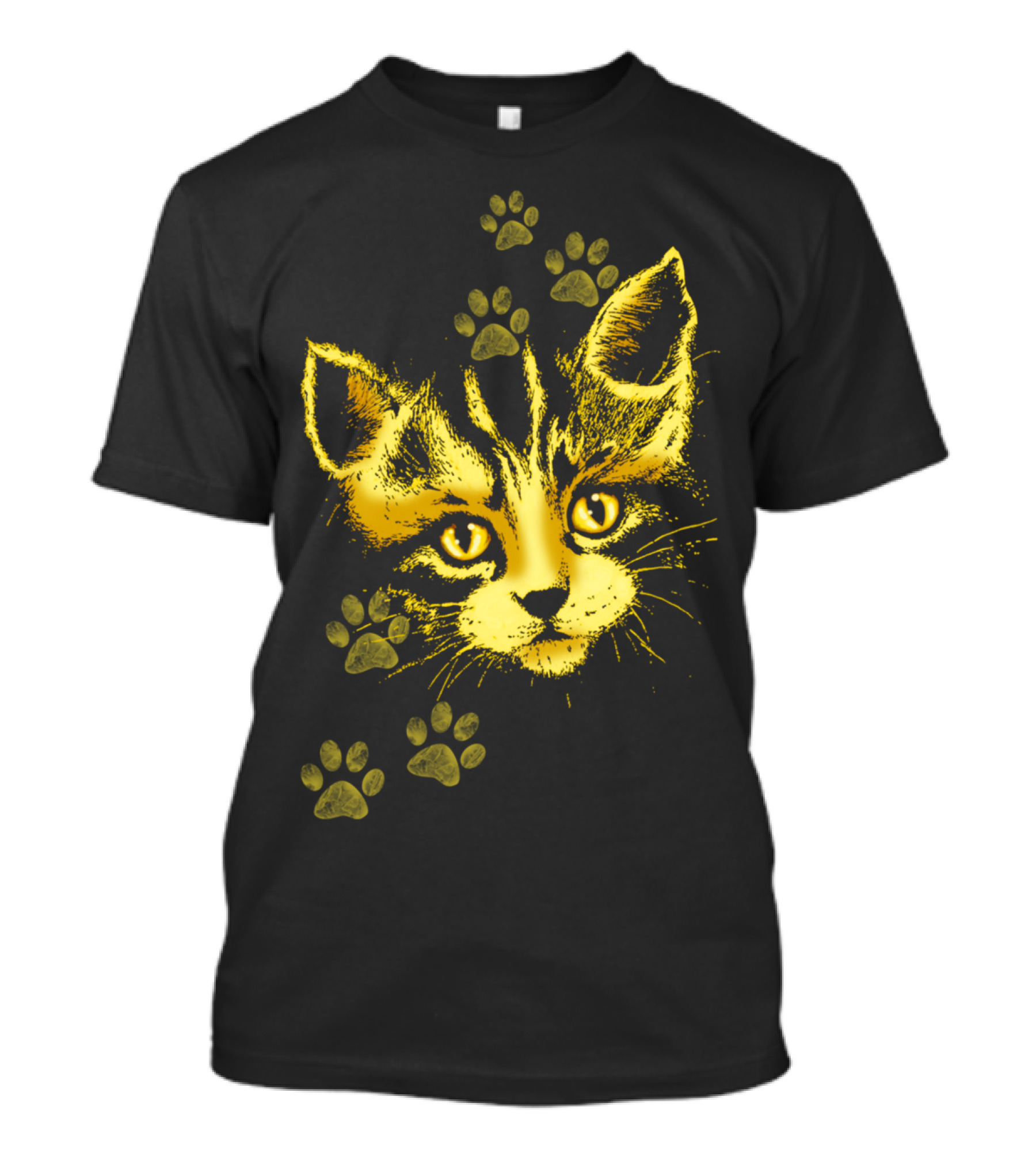 Cute Cat Portrait With Paws Prints Yellow Feline Face Paws T-Shirt