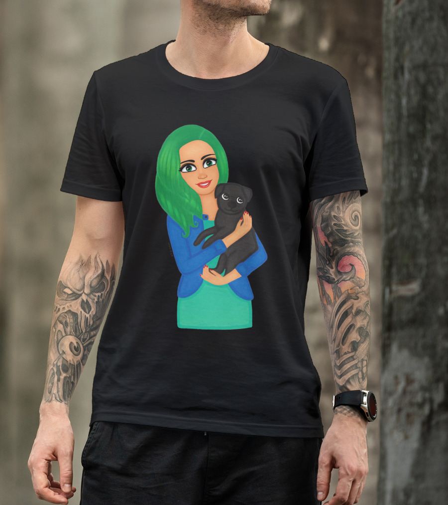 Girl With Green Hair Holding Black Dog T-Shirt