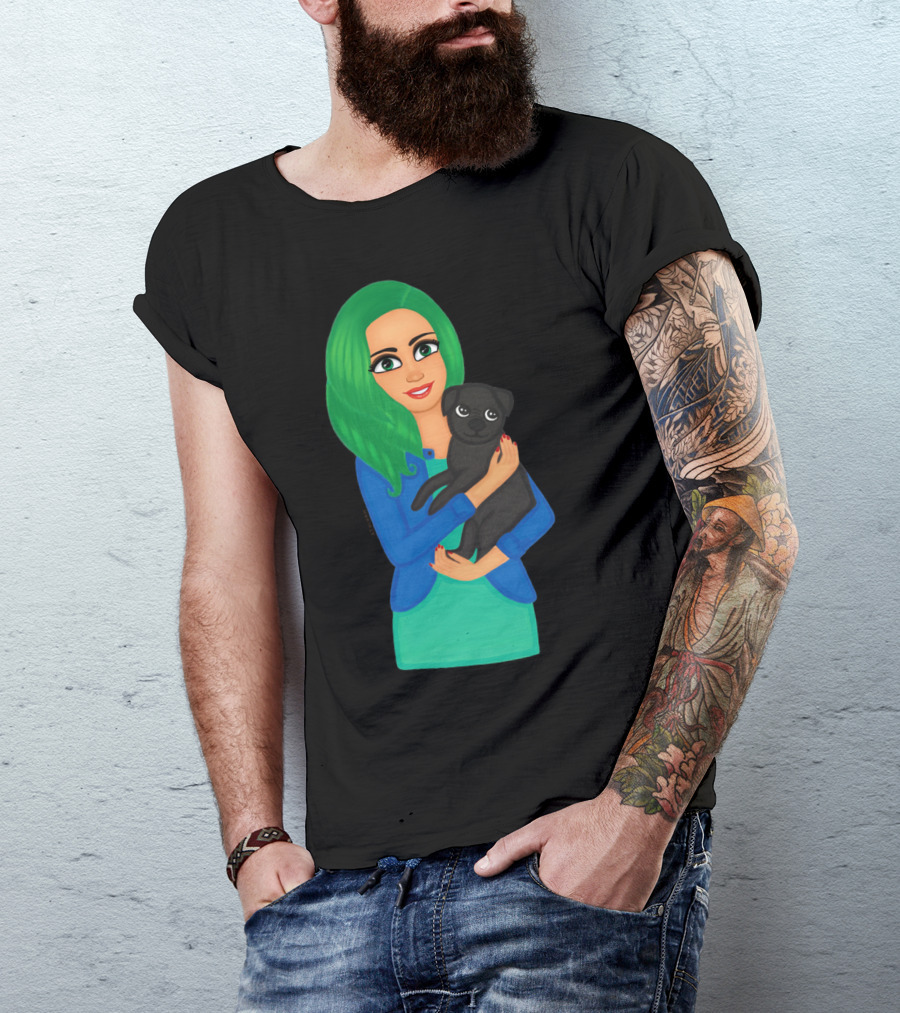 Girl With Green Hair Holding Black Dog T-Shirt