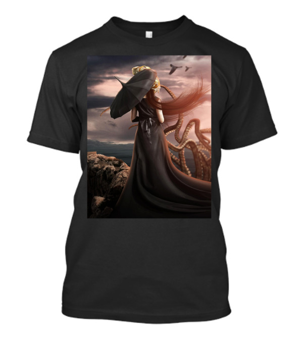 Girl In Black With Octopus And Ocean风景 T-Shirt