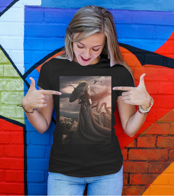 Girl In Black With Octopus And Ocean风景 T-Shirt