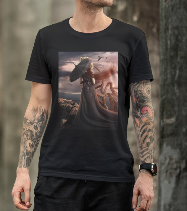 Girl In Black With Octopus And Ocean风景 T-Shirt